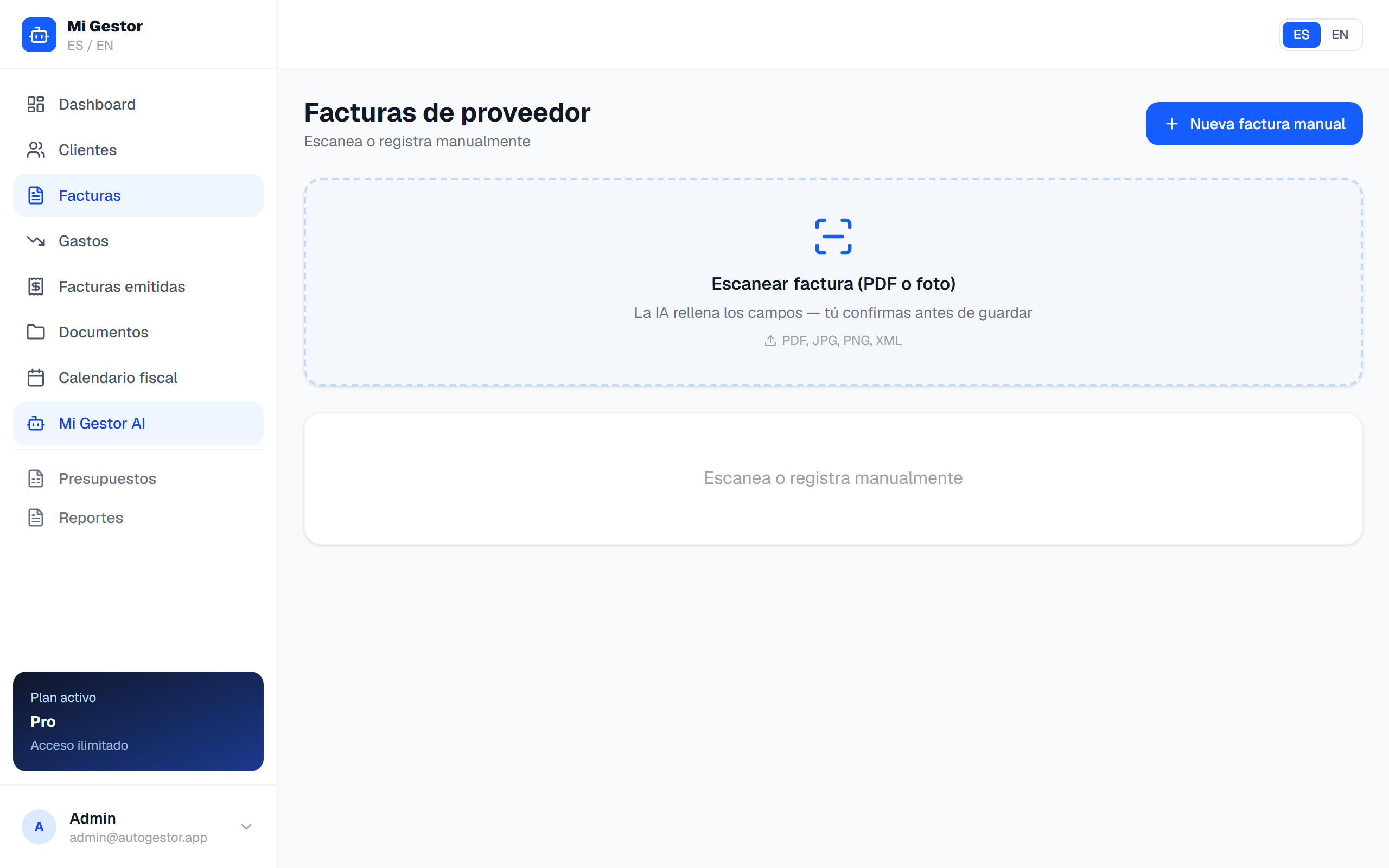 Escaneo IA — PDF o foto, confirmas en 1 clic